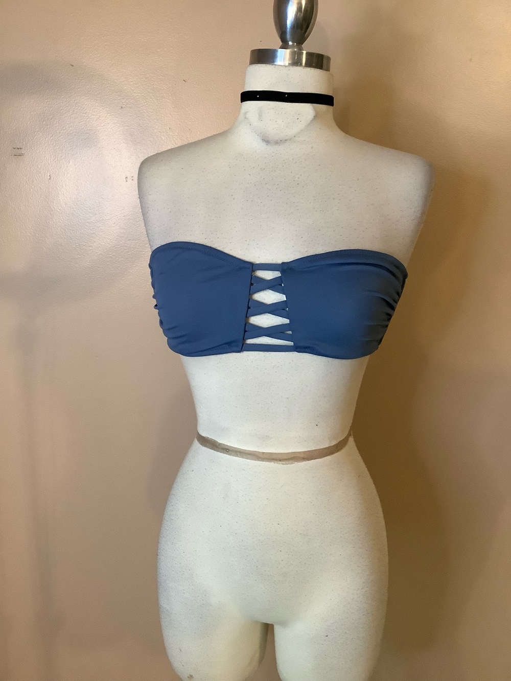 Victoria’s Secret Pink Blue Lattice Front Bandeau Bikini Top Swim Medium 8/10